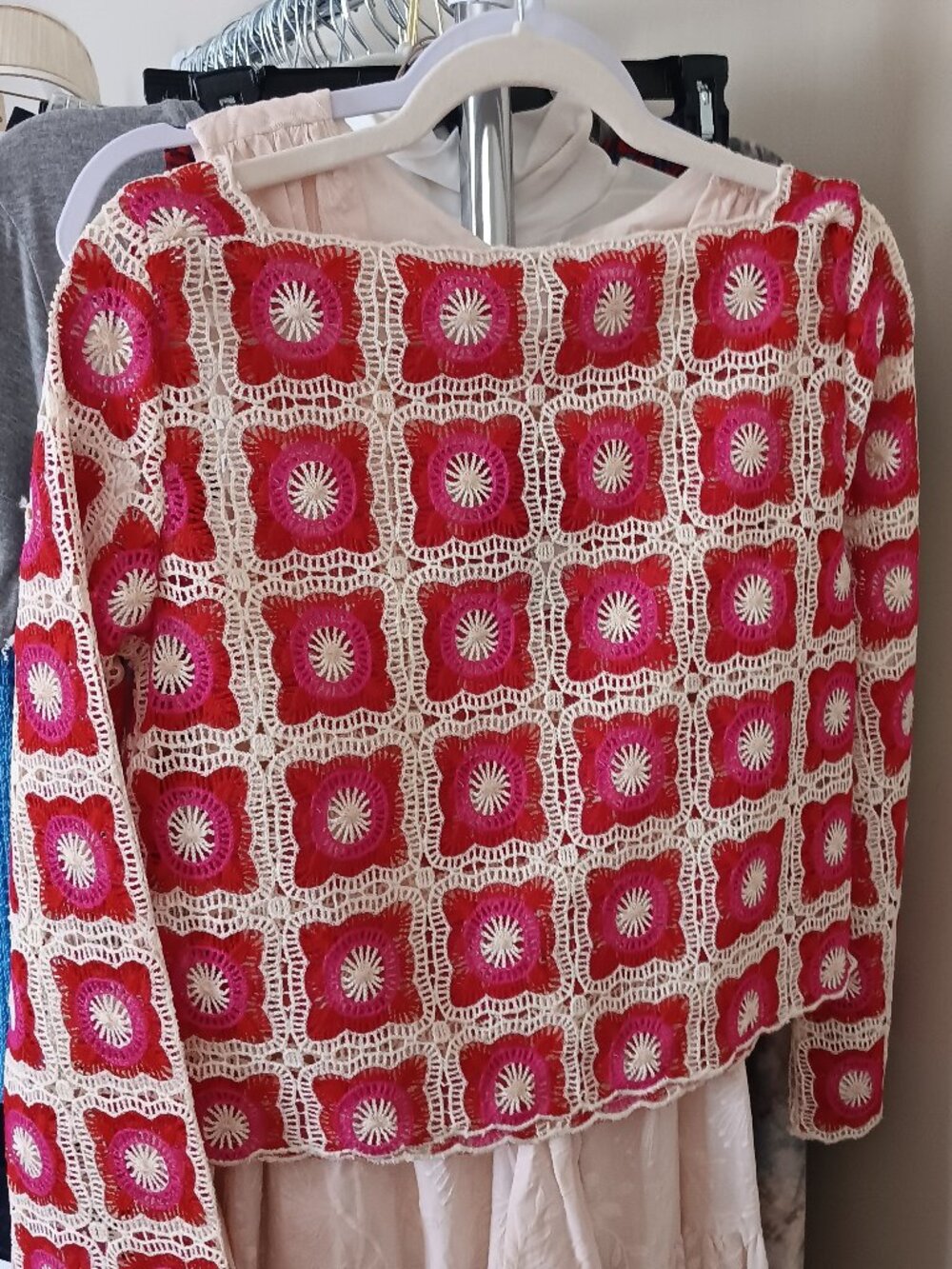 NWT Women's Pink Red Cream Crochet Sweater Size Small